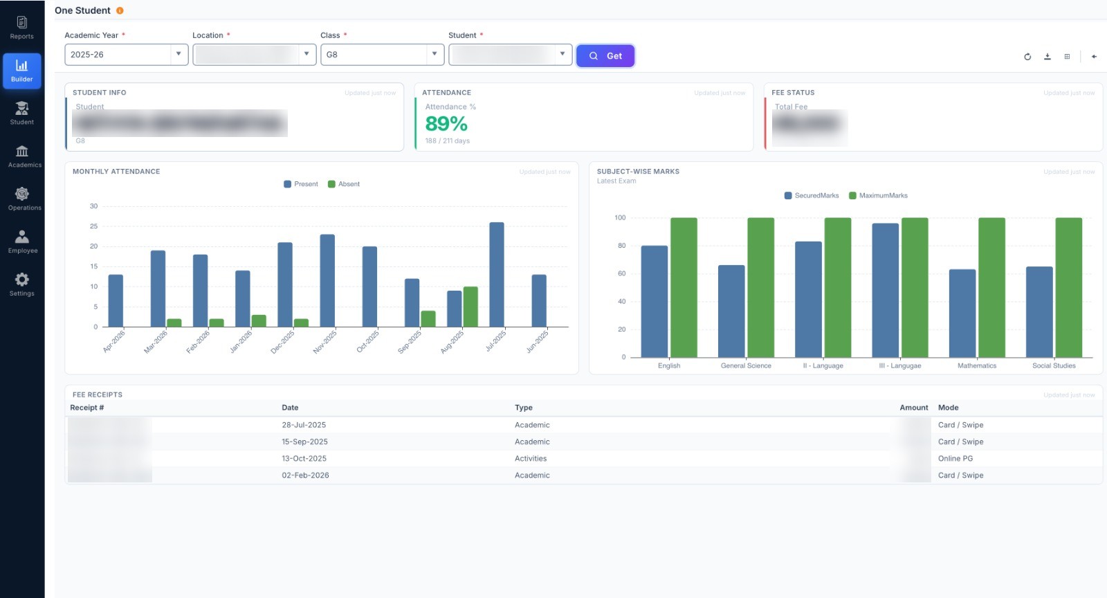 Education ERP student view with attendance, marks and fee receipts