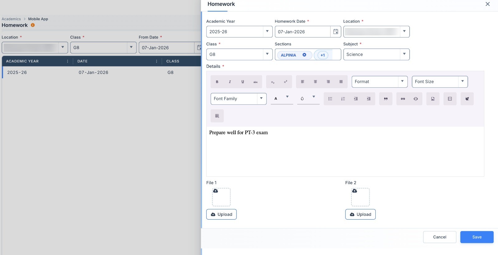 Homework form with class, sections, subject, details and file uploads