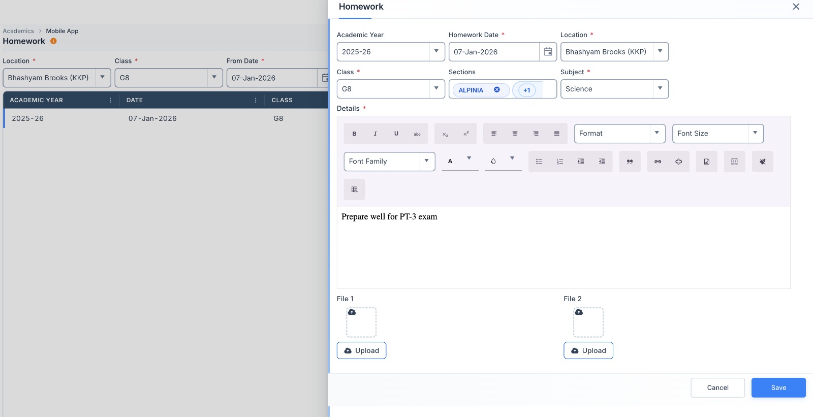 Homework correction screen with student submission and teacher annotation
