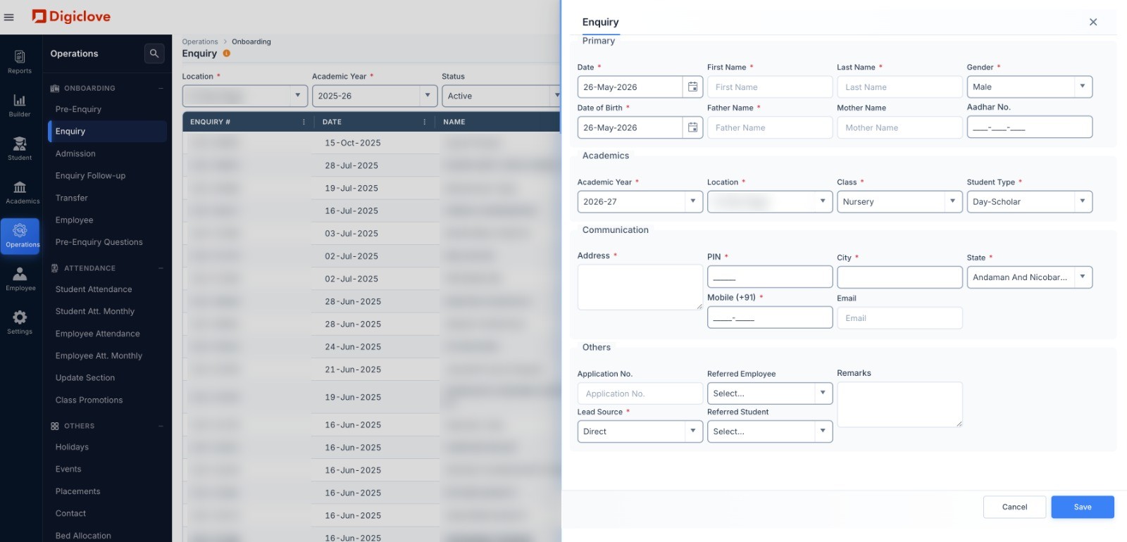Enquiry list with the new enquiry form showing class, student type, source and referral
