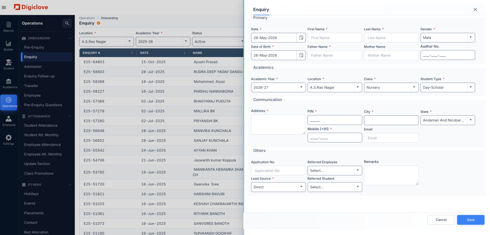 Enquiry list with counsellor, stage, next-action date, and quick-call buttons