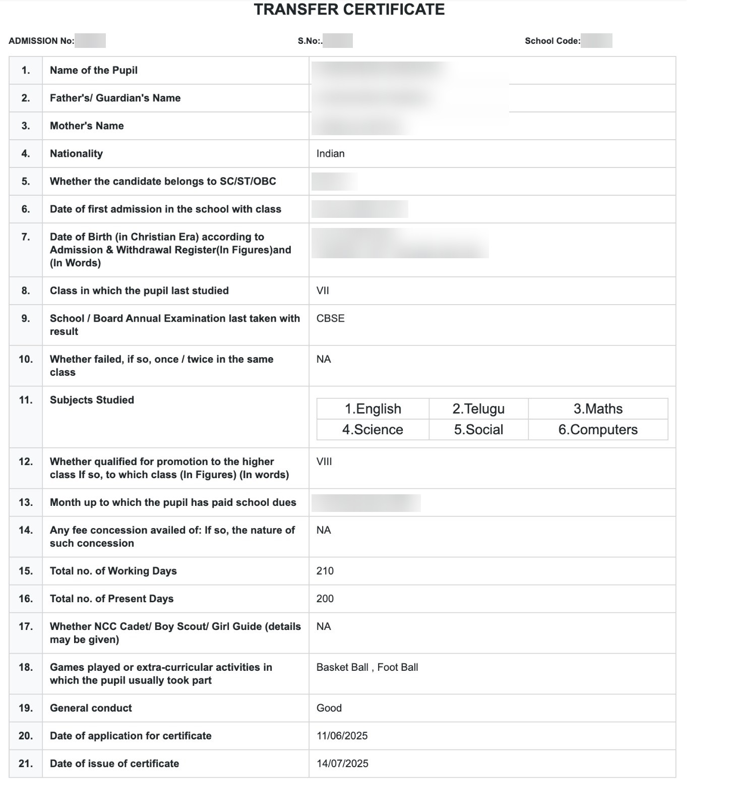 Printed transfer certificate with class, subjects studied, attendance, conduct and issue date