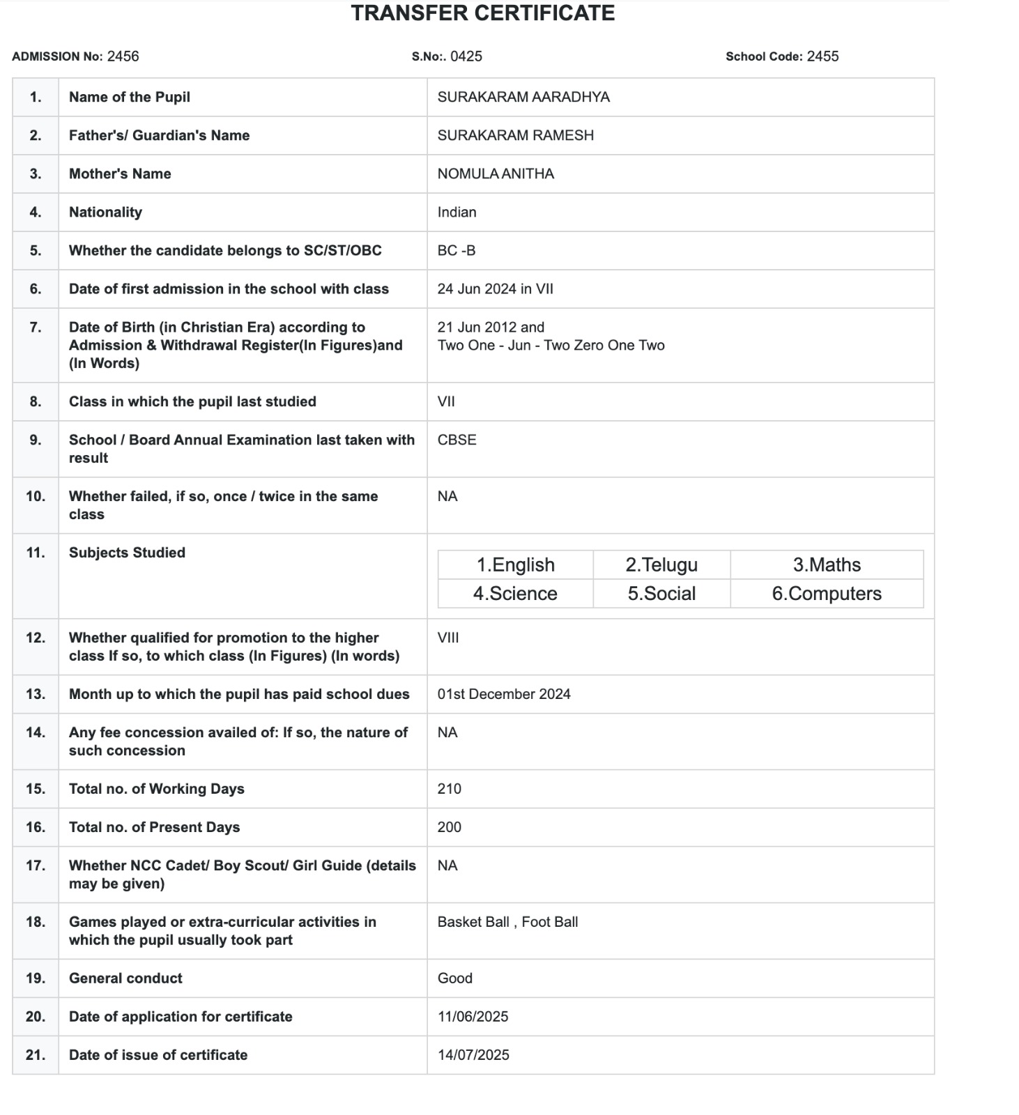 Student certificates โ Merit, Transfer, Bonafide, and Study Certificate download screen