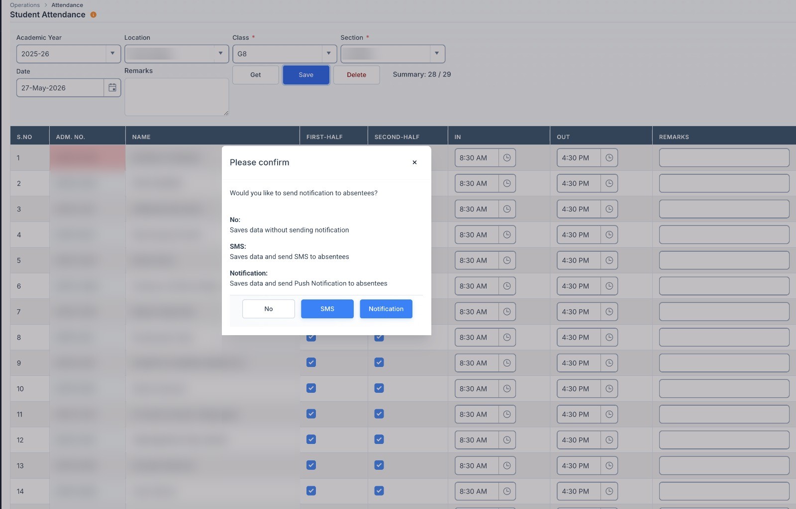 Saving class attendance with the option to send an SMS or app notification to parents of absent students