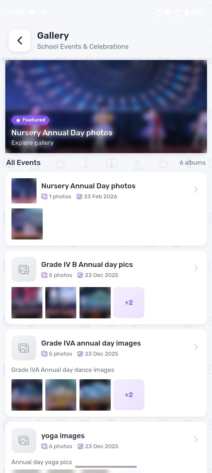 Parent app gallery with photo albums from school events