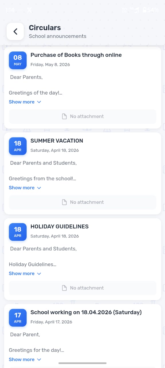 Branded parent app showing today's circular and fee due banner
