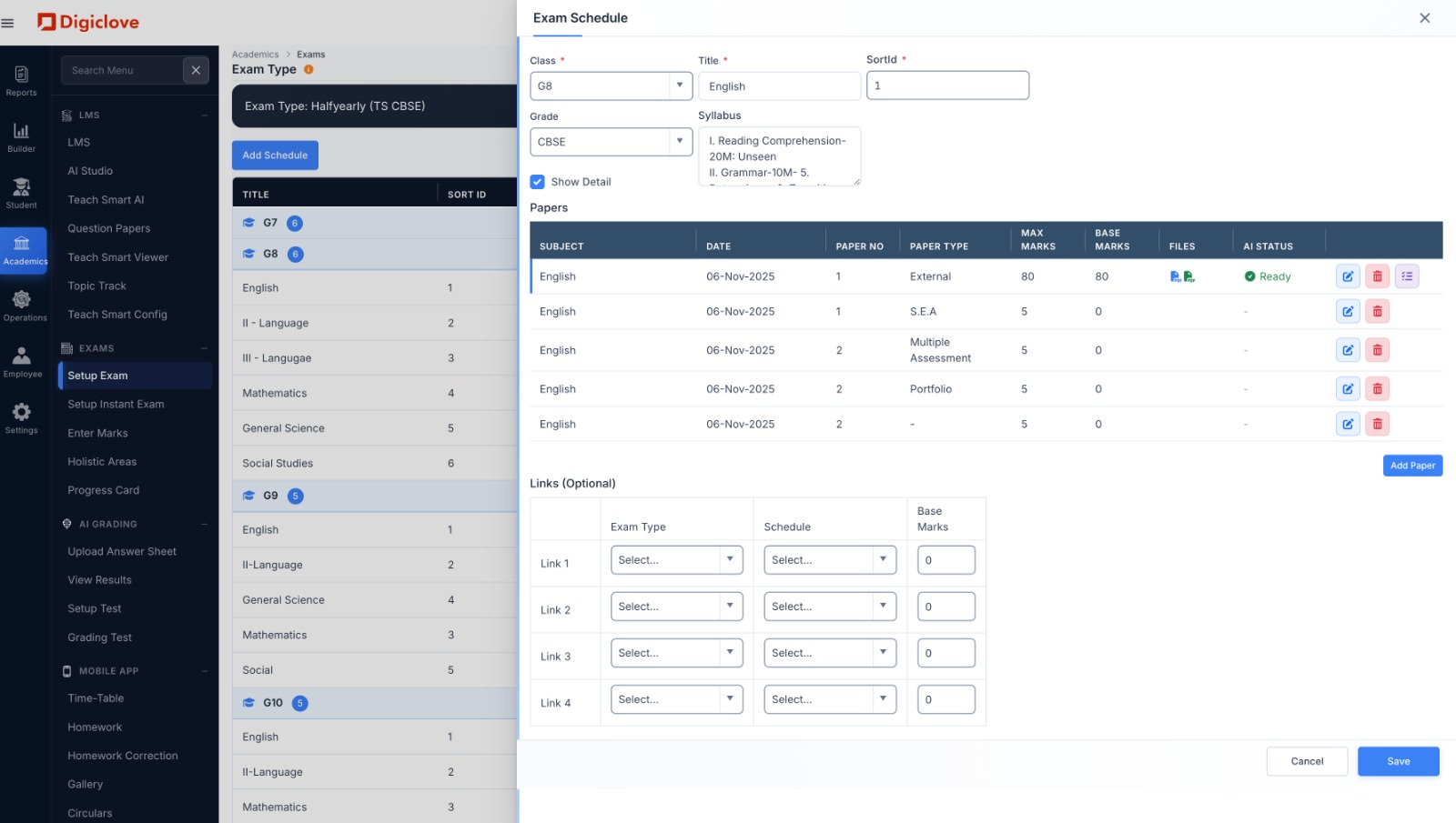 Exam setup wizard with sections, question pattern, choice rules