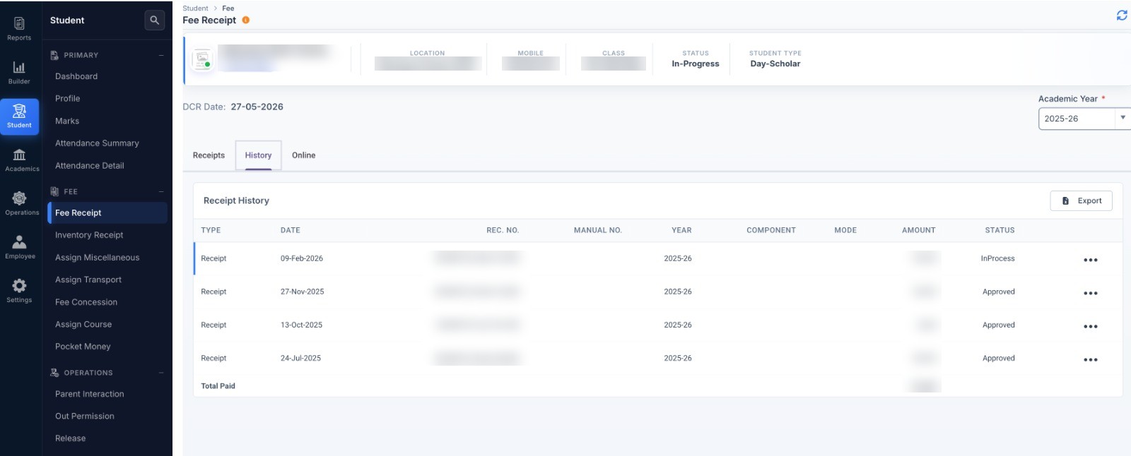 Student fee receipt history with receipt numbers, dates, amounts and approval status