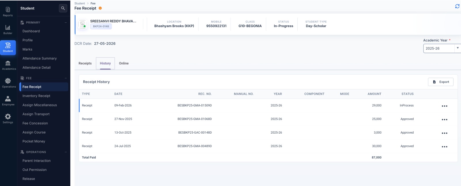 Fee structure builder with academic / inventory / transport breakdown and instalments