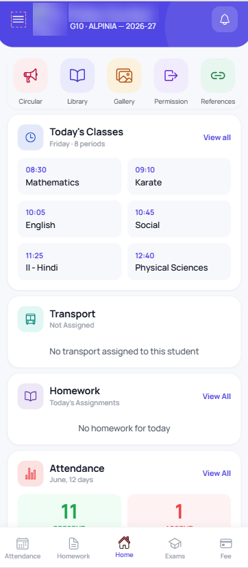 Student app home with circulars, today's classes, transport, homework and attendance