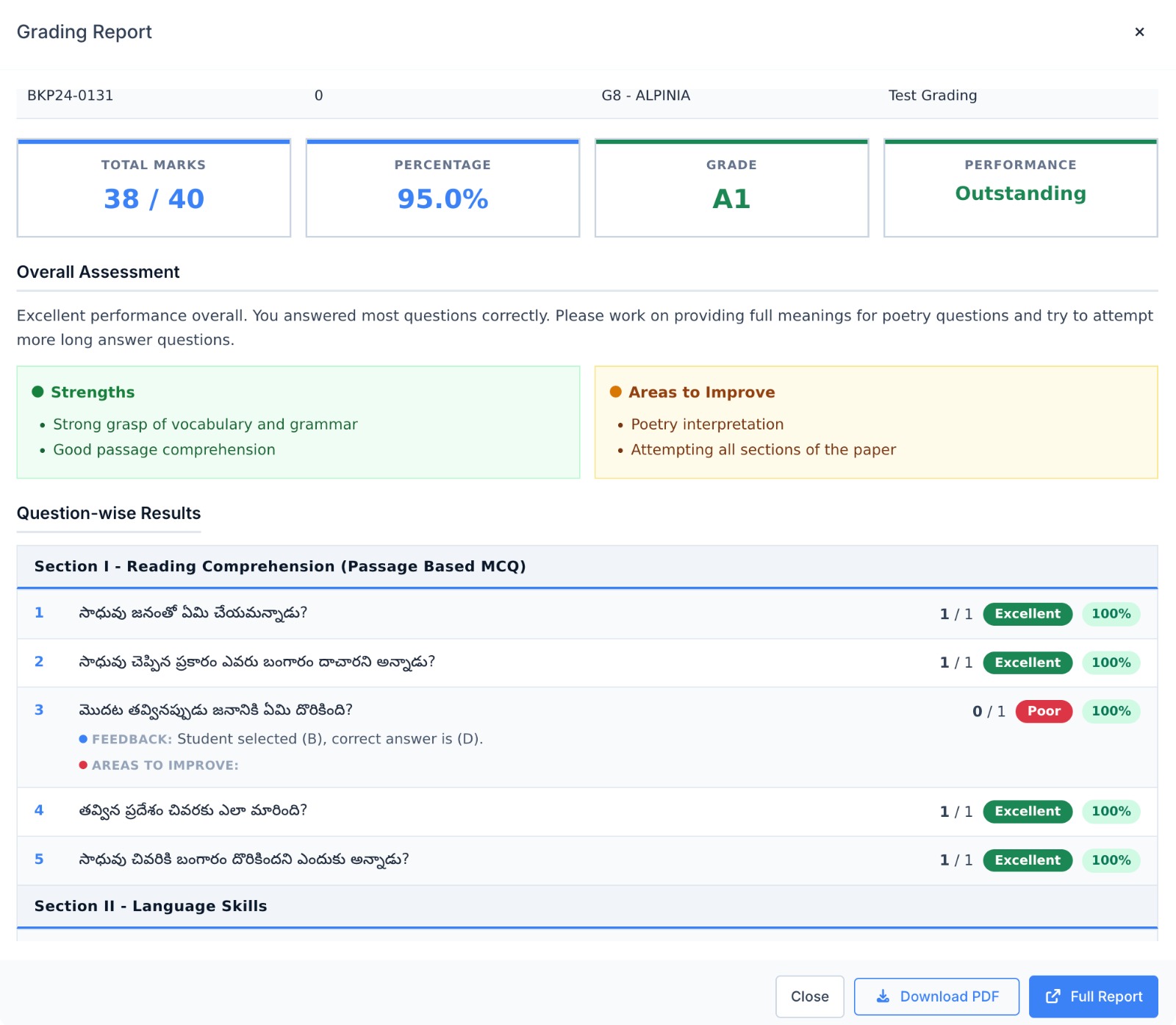 Student progress report card — NEP-aligned grade calculation and holistic areas