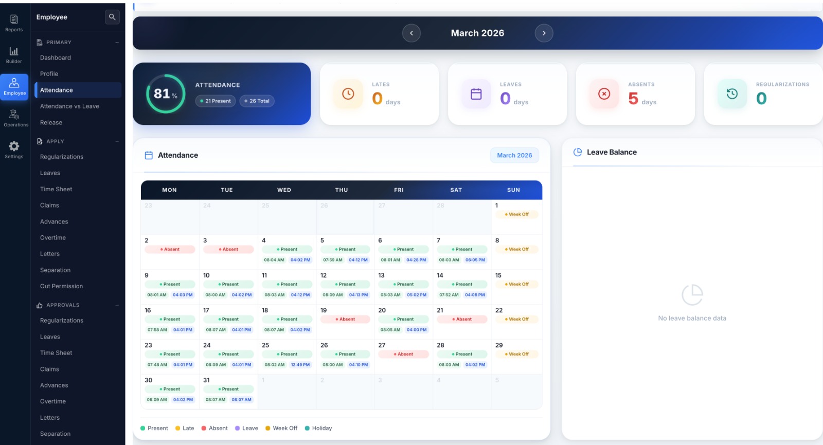Manager approval queue — regularizations with reason, evidence, approve / reject