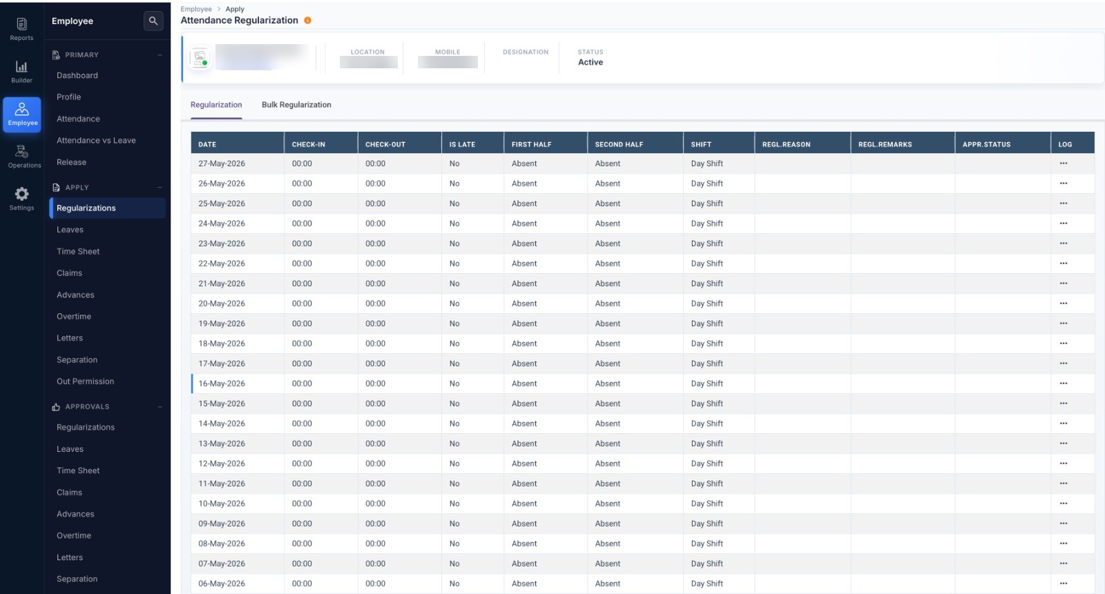 Attendance correction list showing check-in, check-out, half-day status and shift for each day