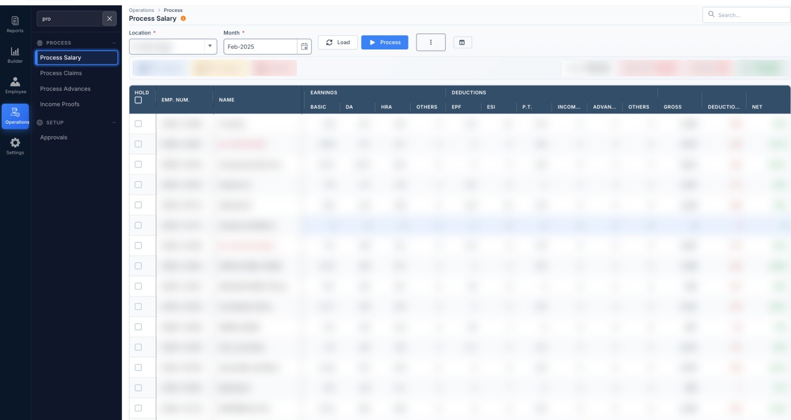 Process Salary screen with branch and month, earnings, statutory deductions and net pay for each employee