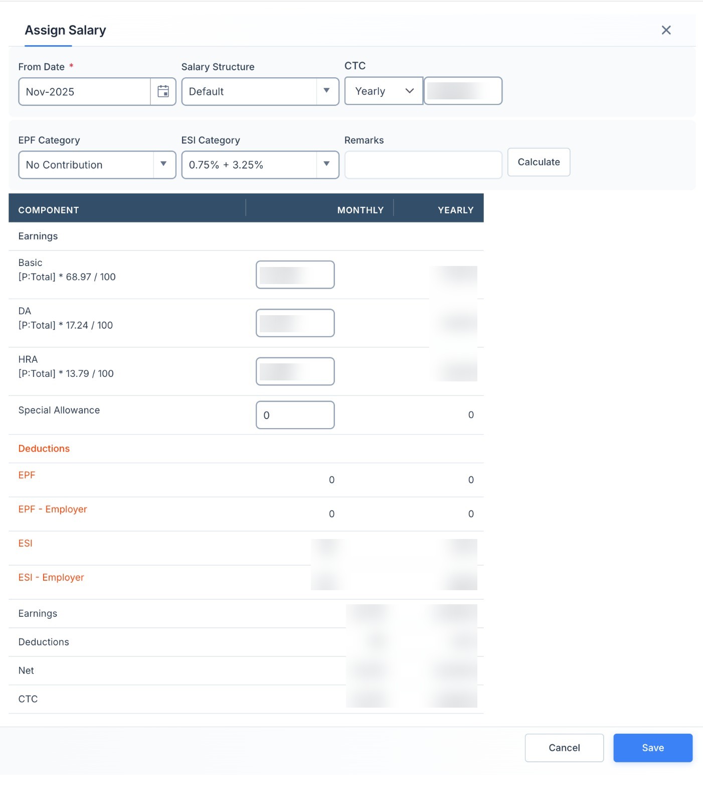 Assign Salary screen with structure, CTC, PF and ESI category, and monthly and yearly amounts for each component