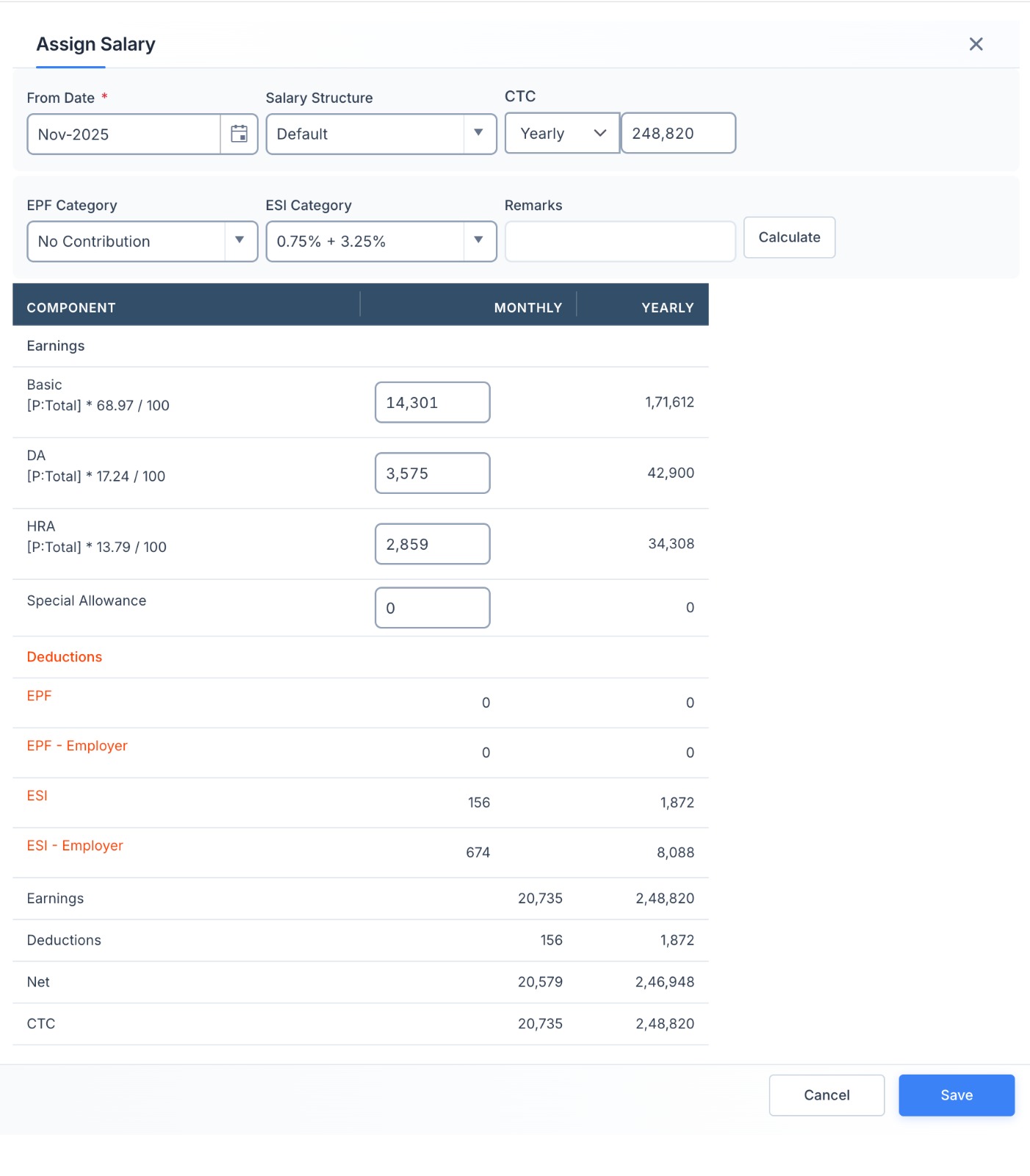Salary structure designer with components, formulas, live preview