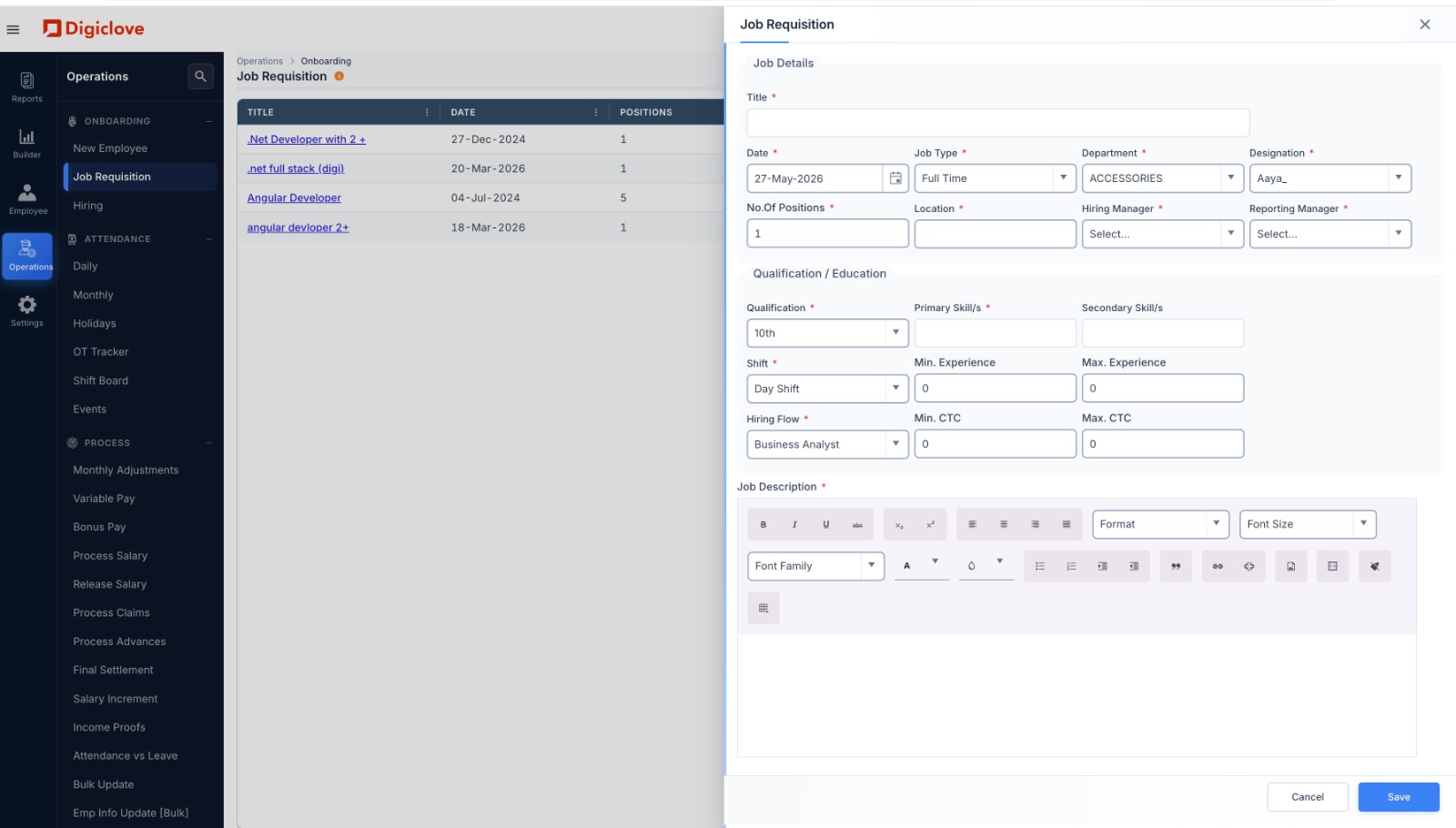Job requisition with budget, approval chain, and linked candidates