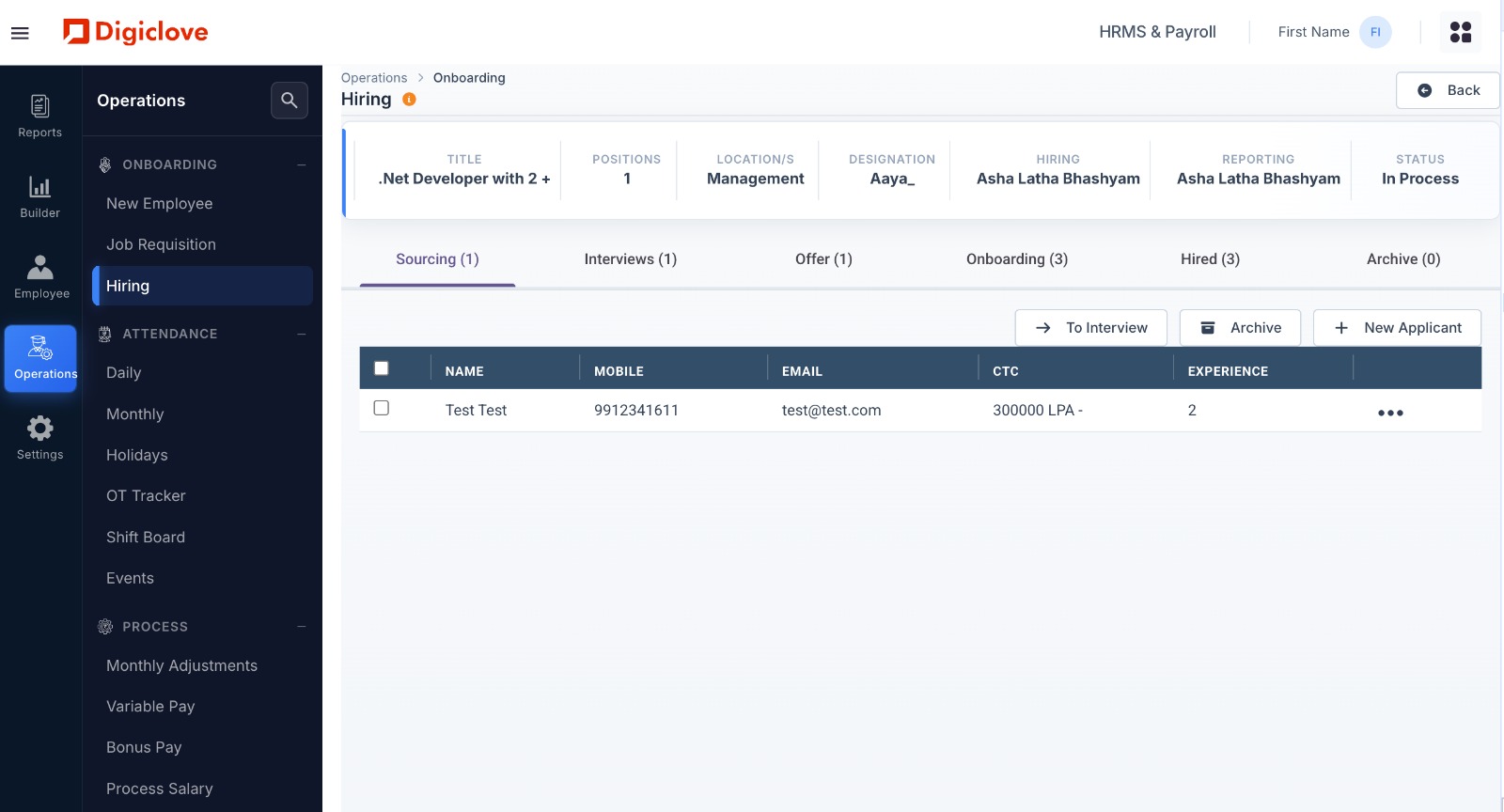 Hiring pipeline kanban โ applied / shortlisted / interview / offer / joined