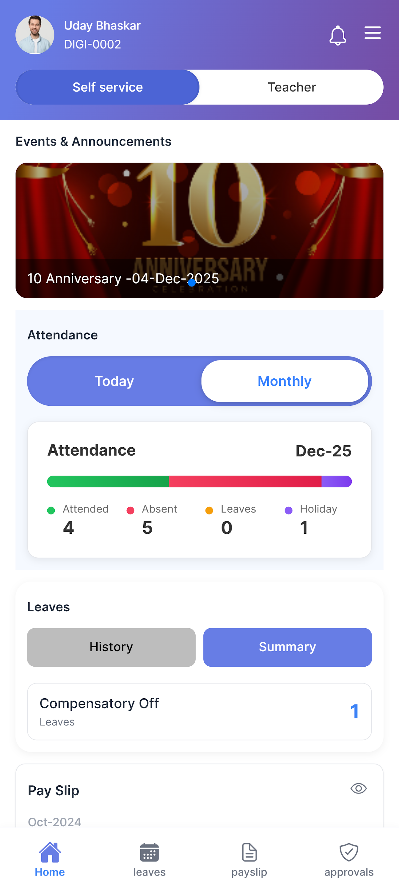 Employee app dashboard โ today, leave balance, payslip