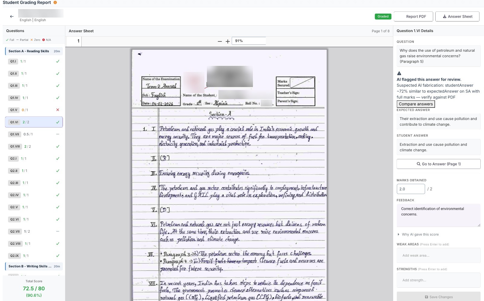 Marks and feedback for each question, with a link to the answer on the original sheet