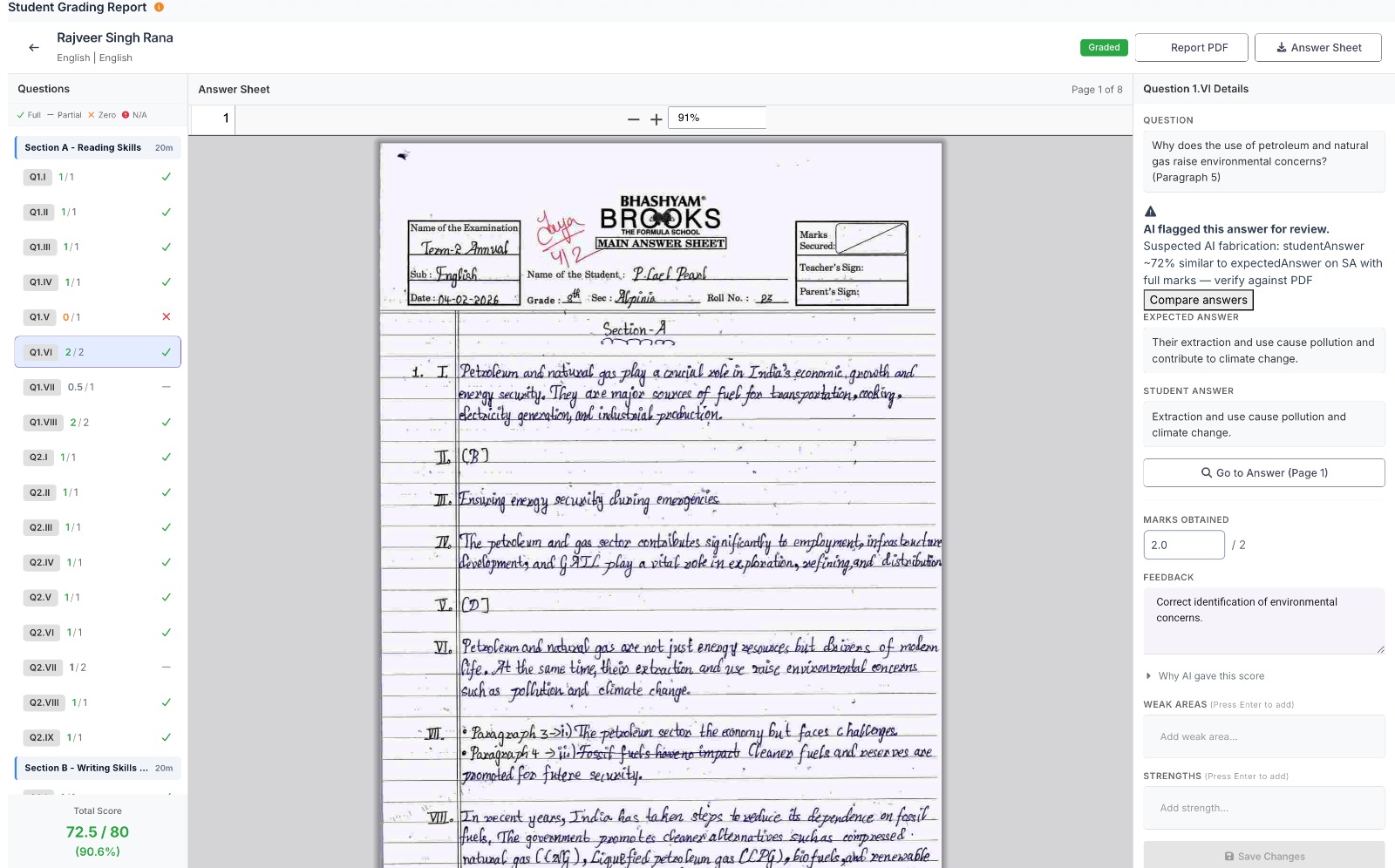 Per-question grading โ marks and feedback per question with jump-to-answer in the original paper