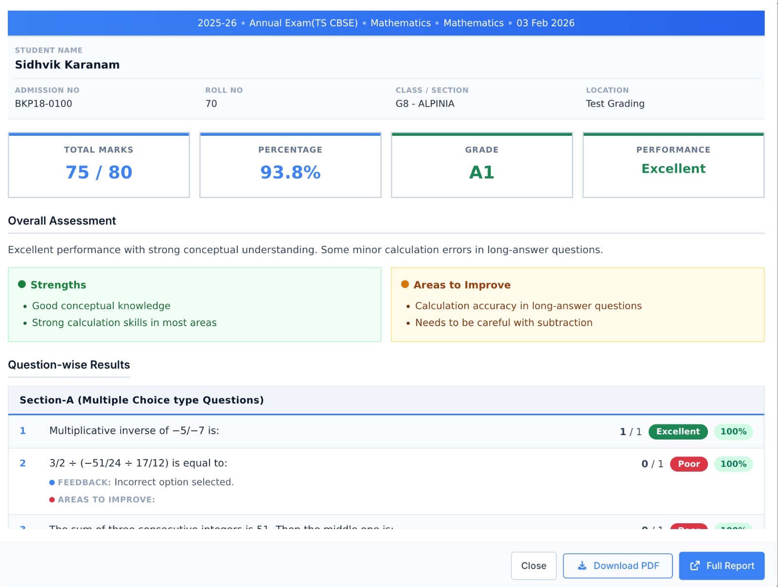 Skora AI student report showing per-question marks, score, and learning recommendation