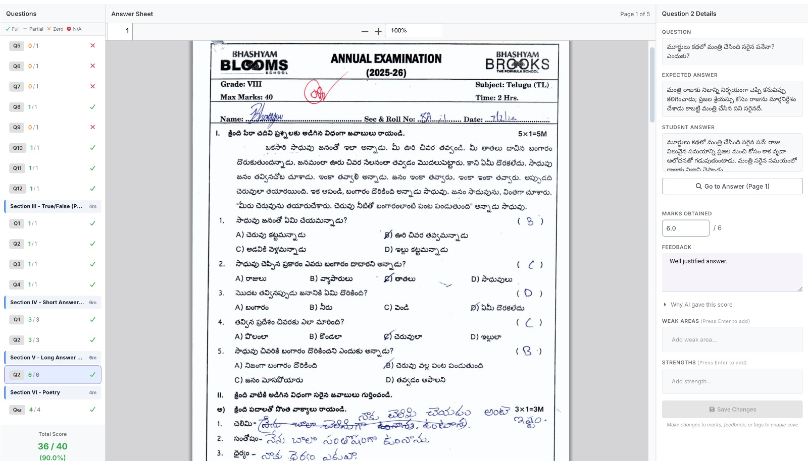 Override panel showing original AI marks, teacher override, reason note, and AIReasonPoints audit trail