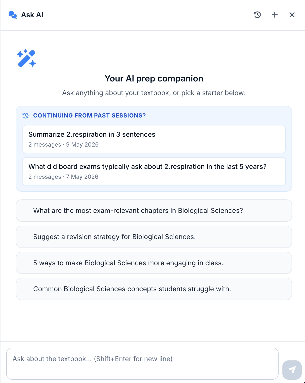 Ask AI starter screen — AI prep companion with continuing sessions and subject-aware starter prompts for Biological Sciences