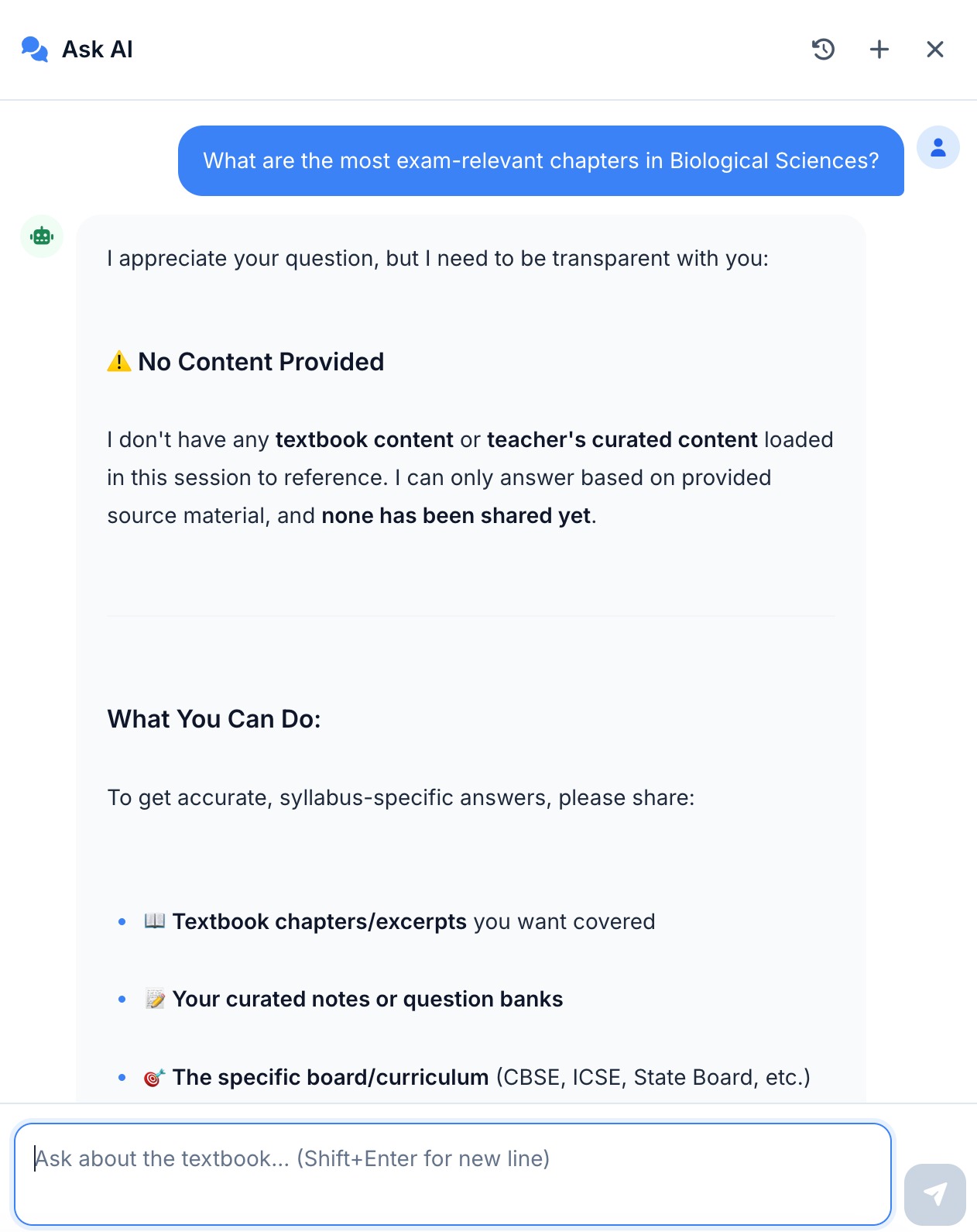 Graceful refusal — 'No Content Provided' response when no textbook material is loaded, prompting the user to share source material