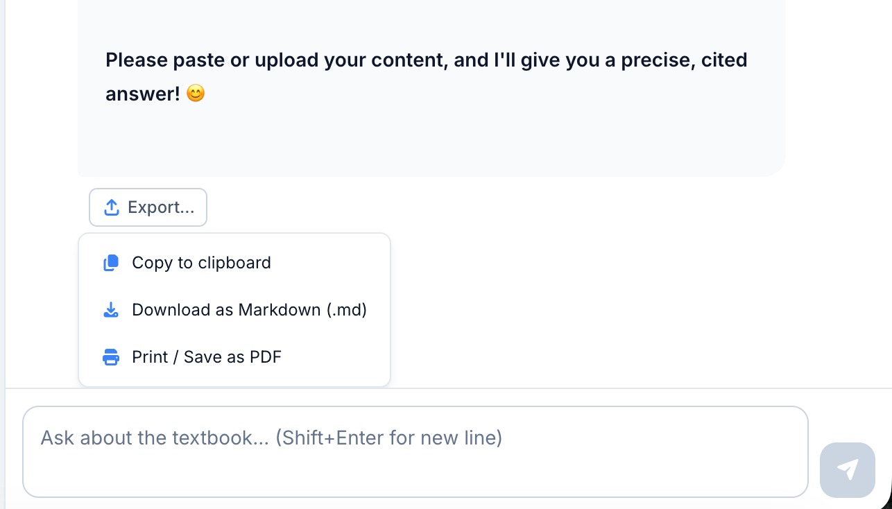 Export menu — copy to clipboard, download as Markdown, or print / save as PDF