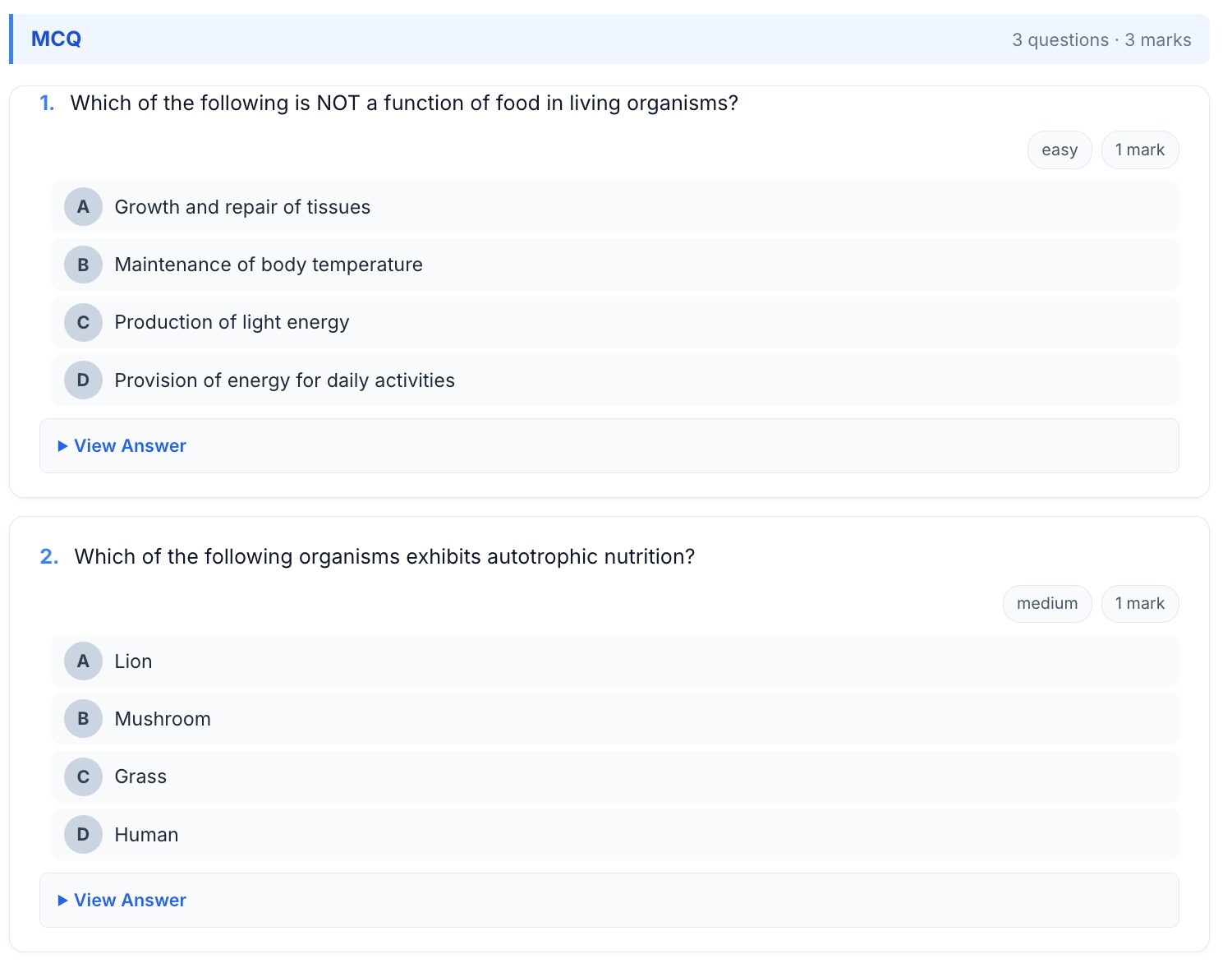 Worksheet generator screen — chapter picker, question type selectors, difficulty mix, marks split
